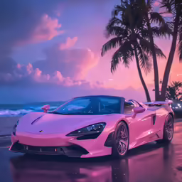 a pink sports car sits on the beach at sunset