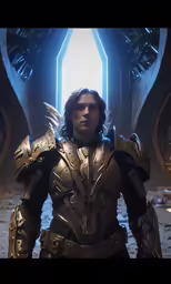 an alien man dressed in armor stands in front of an archway