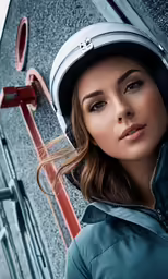 a woman leaning on a wall with a ski helmet
