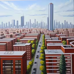 a painting of some large buildings in a city