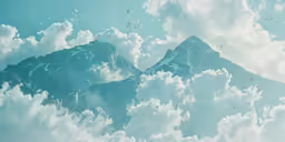 mountains with a sky background, clouds, and water