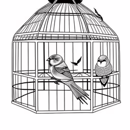 two birds are sitting on a cage,there is a black and white image of two birds inside of a cage