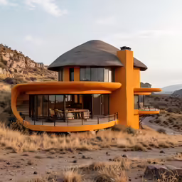 an unusual building with a large roof and an ocean view