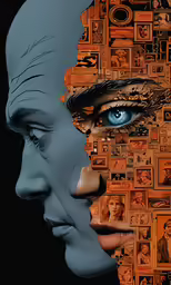 a poster showing a woman with an open face and a collage of portraits