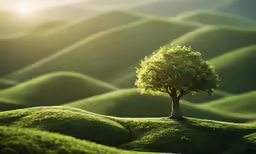 a lone tree stands on a green hill