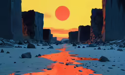 a sun setting in a desert near large rocks