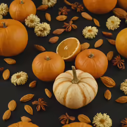 a pile of pumpkins sitting next to sliced oranges