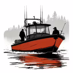 two men in orange and black boat with trees in background