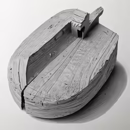 a wooden boat sitting on top of a white surface