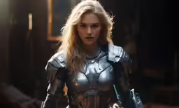 woman dressed in steel looking at camera in dark setting