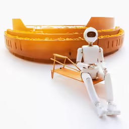 two robotic humans are sitting in front of a yellow boat