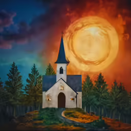 the painting shows a church with a clock tower on it