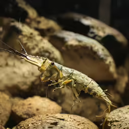 a large yellow shrimp standing on some rocks