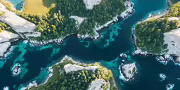 aerial photo of river with trees and rocks