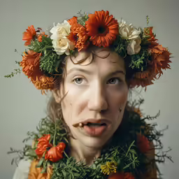 a woman is wearing flowers on her head