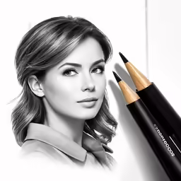 a pencil drawing and a photo of a woman with makeup brushes