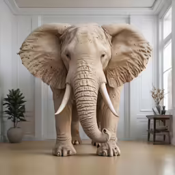 a large statue of an elephant in front of some windows