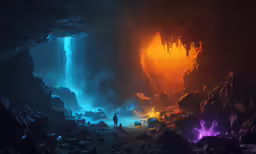 two people are walking through the cave in a very dark place