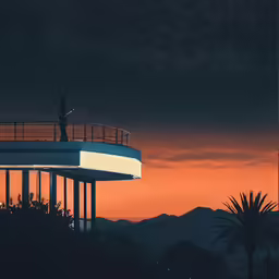 a building has a balcony that extends out to a body of water