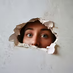 a girl peeking out from an unfinished wall