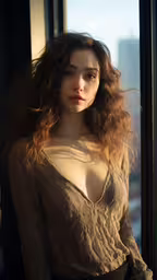 a very attractive young lady wearing a sweater,a woman posing with her hair blowing