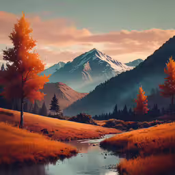 a beautiful scene, featuring a mountain and a river,a painting with red and yellow leaves and water in it