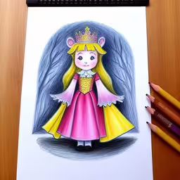an adult holding a colorful drawing of a princess,drawing of a child in costume with pencils on a table