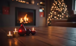 candles sitting on a table in front of a fireplace