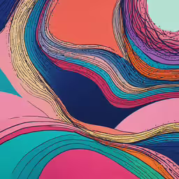 a painting that looks like swirls and is very colorful,an artistic drawing in shades of pink, blue and yellow