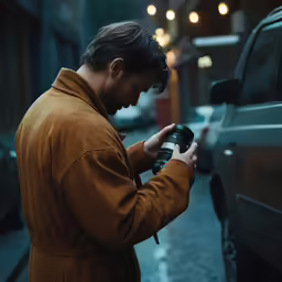 man in a brown coat looking at his cell phone