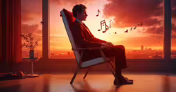 man in a red suit with musical notes flying around him,the man sits on the chair with music notes falling out of the window