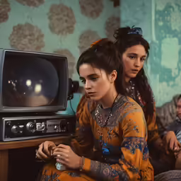 some people watching a television while another person is watching it