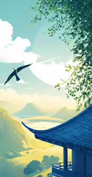 the bird is flying over the landscape of some type