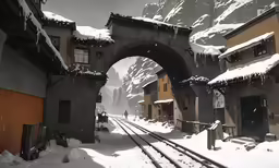 the snow covered town has a tunnel on it
