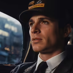a man wearing a hat and a suit, sitting in the drivers seat of a car