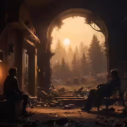 a view from inside of a dimly lit archway into a forest
