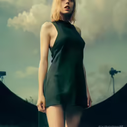 a beautiful blond woman with no shirt wearing a dark green dress