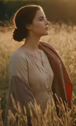 a woman standing in the grass wearing a shawl