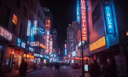 a street in an asian city lit with neon signs and people