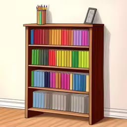 a large bookshelf in front of a wall with many colored books
