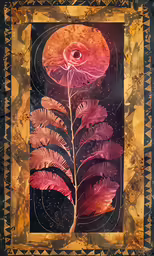 a painting on a gold frame is depicting a pink flower