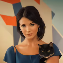 a beautiful woman in blue holding a black cat