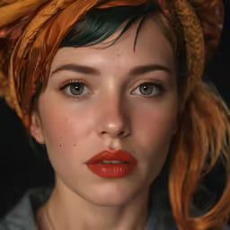 an image of a woman with green hair wearing a headscarf