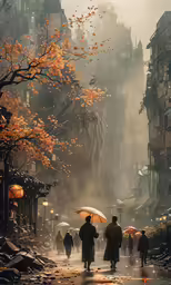 a city street filled with lots of people with umbrellas