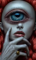 a close up of a person with an eyeball in her hand