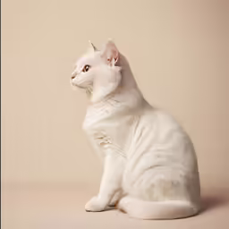 the white cat is sitting down by himself