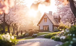 the sun is shining brightly over a white house with cherry blossoms on it
