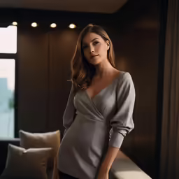 a pregnant woman is posing in her home