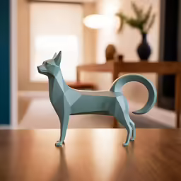a dog statue on a wooden surface with a dining room in the background