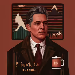 a man standing in front of a cup and sign with a mountain